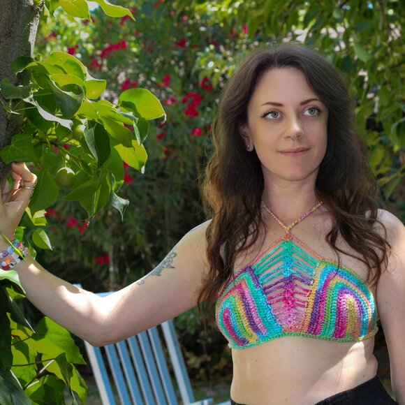 NWT Crochet Medium Crop Top Handmade Festival Boho Bright Rave Party Rainbow - Picture 1 of 4